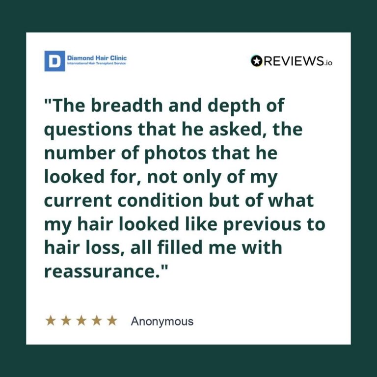 Patient review: The breadth and depth of questions that he asked, the number of photos that he looked for, not only of my current condition but of what my hair looked like previous to hair loss, all filled me with reassurance.