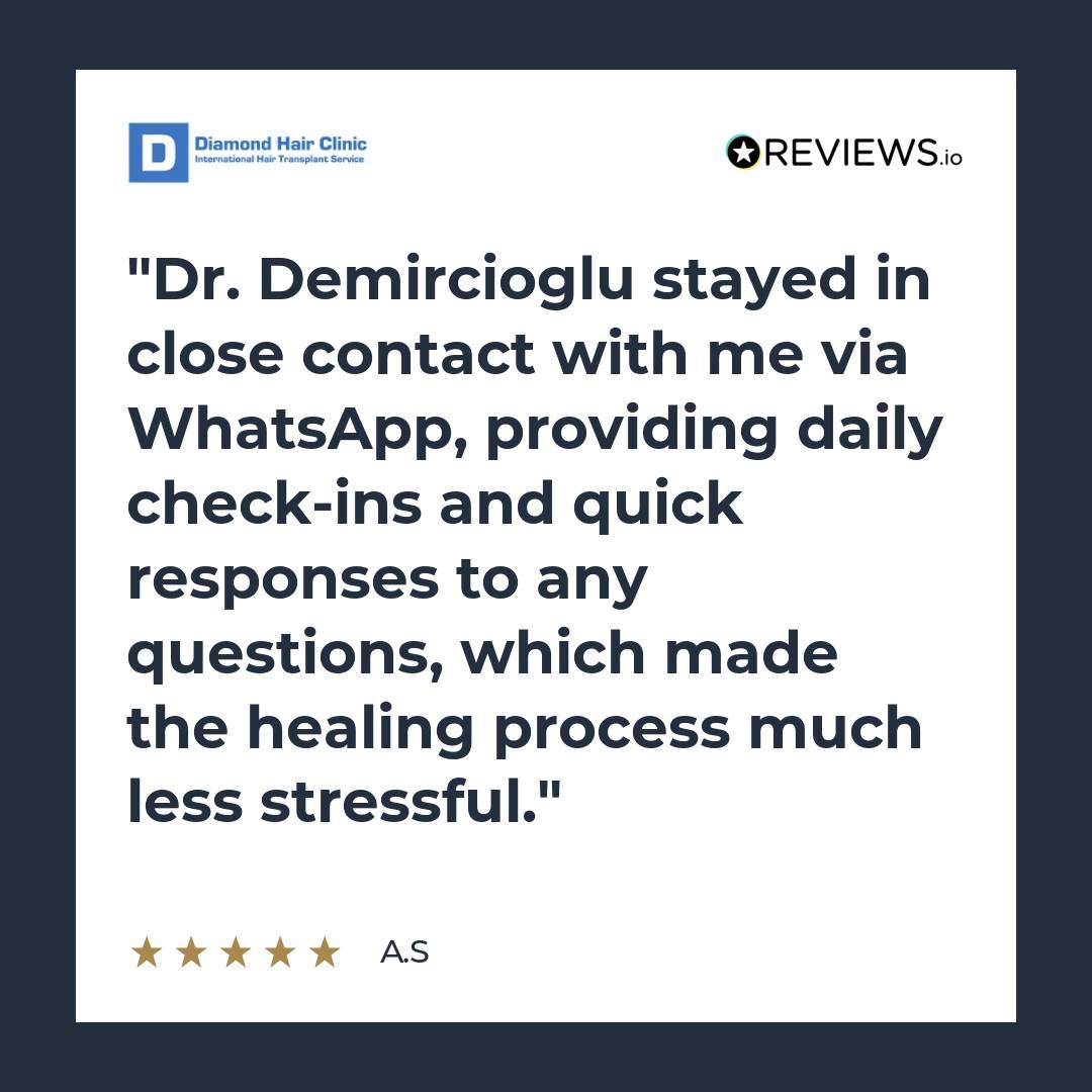 Patient review card about WhatsApp contact and daily check-ins during recovery