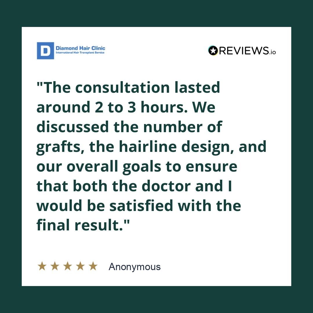 The consultation lasted around 2 to 3 hours. We discussed the number of grafts, the hairline design, and our overall goals to ensure that both the doctor and I would be satisfied with the final result.