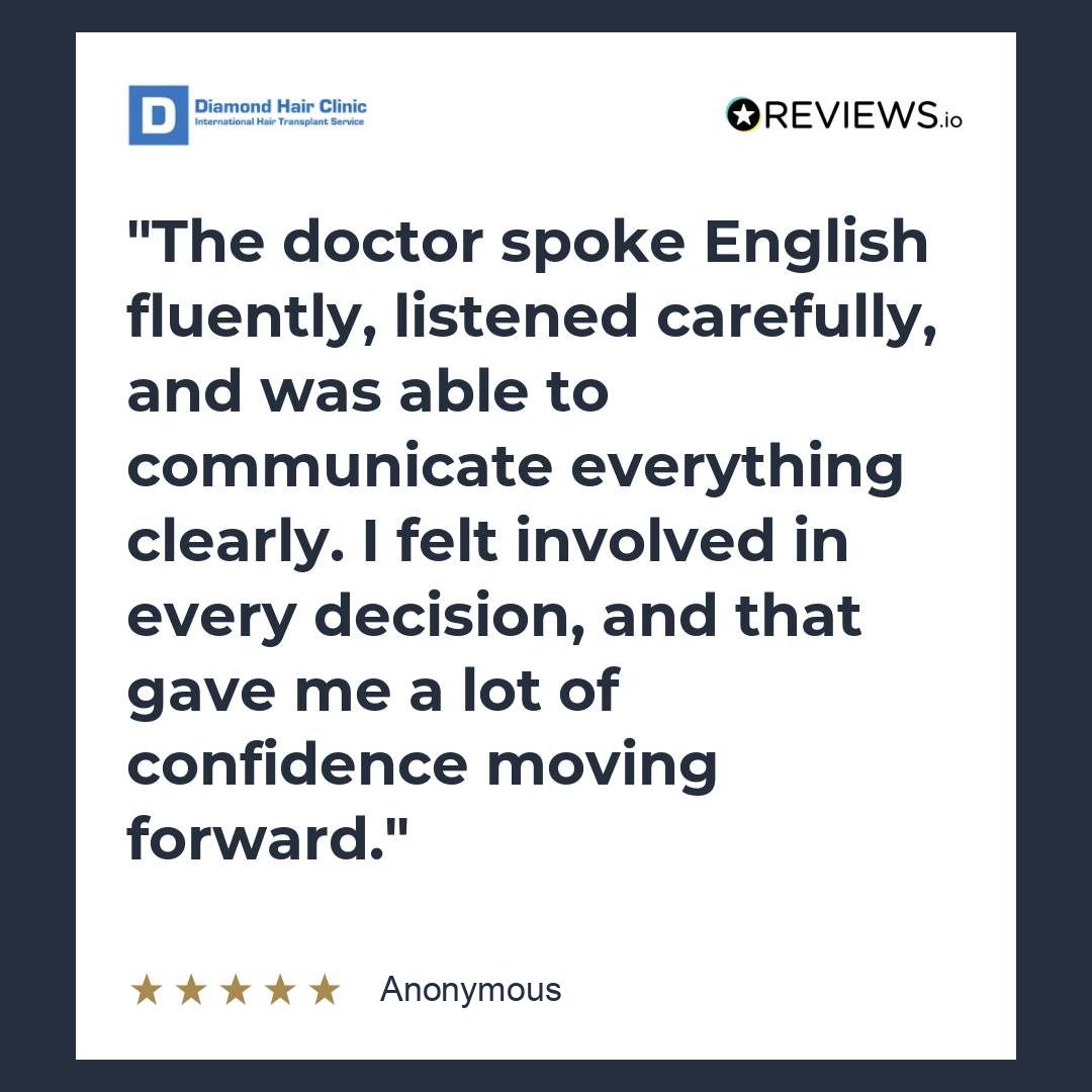 Five-star patient review on REVIEWS.io. A REVIEWS.io patient review about clear English, careful explanations, and involvement in decisions.