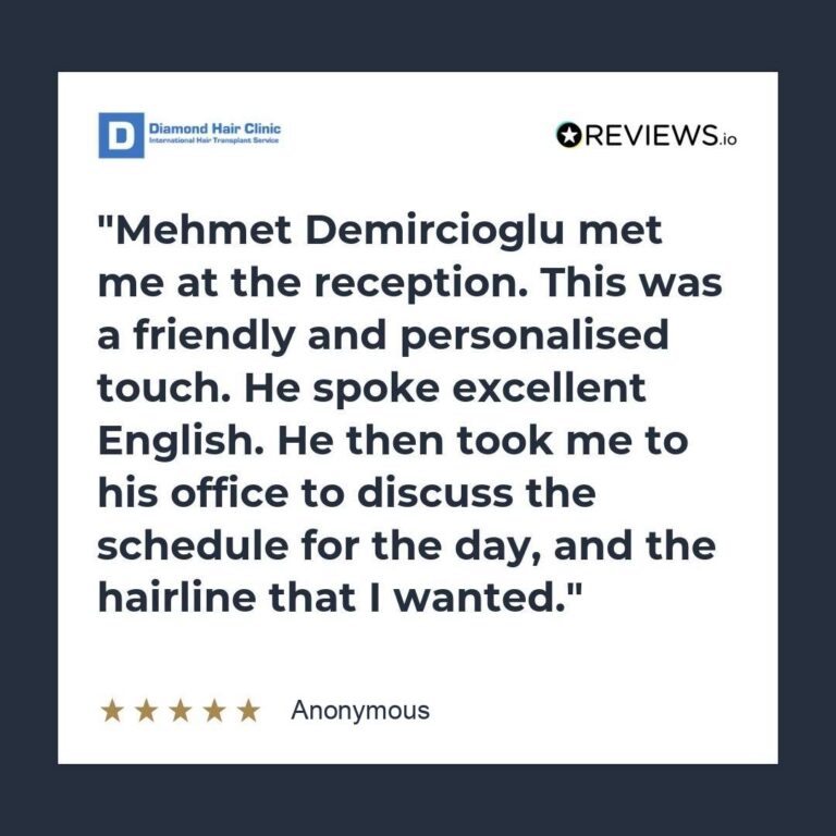 Patient review: Mehmet Demircioglu met me at the reception. This was a friendly and personalised touch. He spoke excellent English. He then took me to his office to discuss the schedule for the day, and the hairline that I wanted.