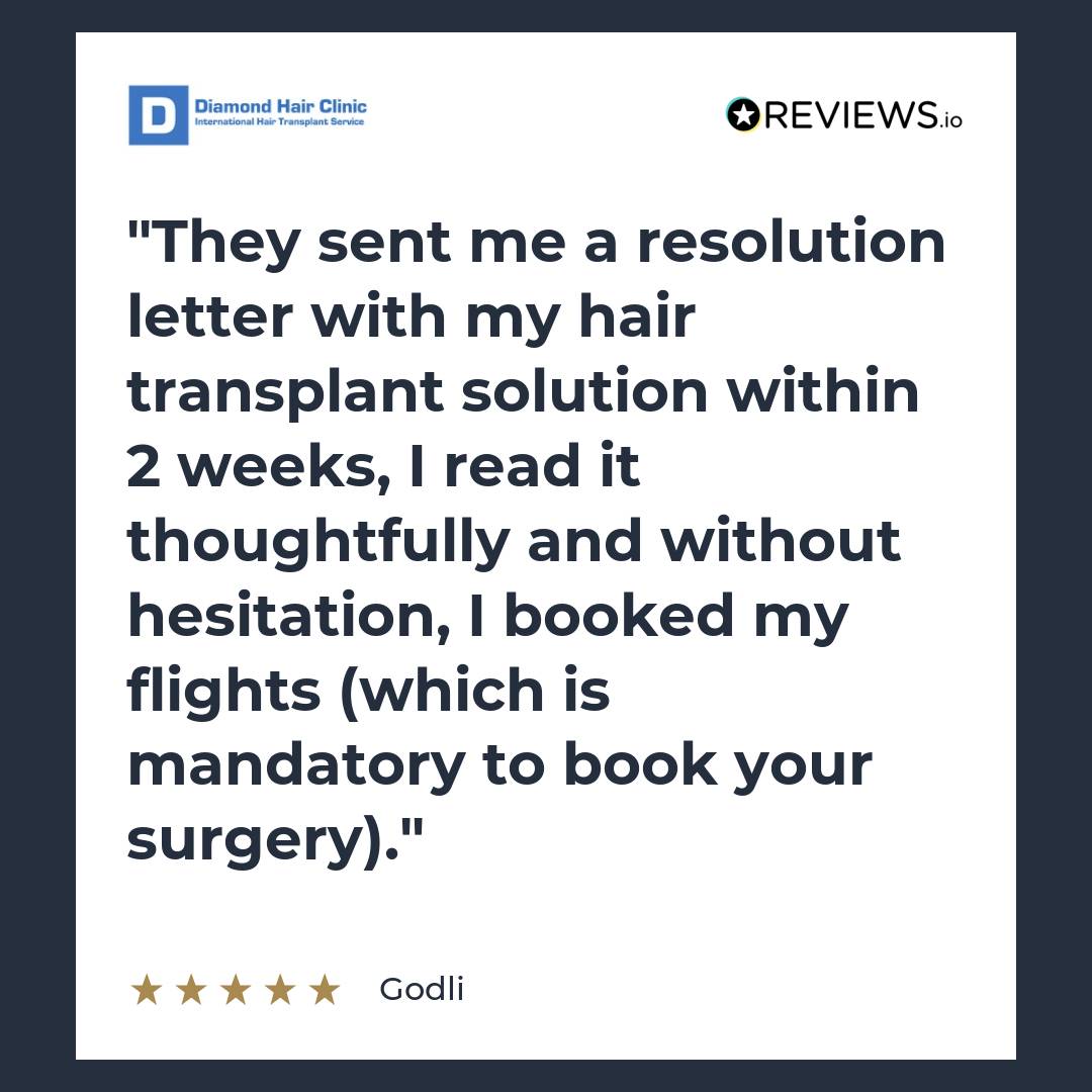 They sent me a resolution letter with my hair transplant solution within 2 weeks, I read it thoughtfully and without hesitation, I booked my flights (which is mandatory to book your surgery).