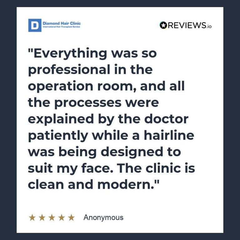 Patient review: Everything was so professional in the operation room, and all the processes were explained by the doctor patiently while a hairline was being designed to suit my face. The clinic is clean and modern.