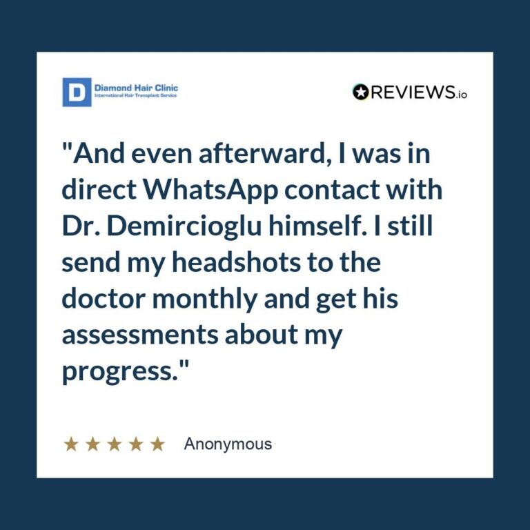 Patient review: And even afterward, I was in direct WhatsApp contact with Dr. Demircioglu himself. I still send my headshots to the doctor monthly and get his assessments about my progress.