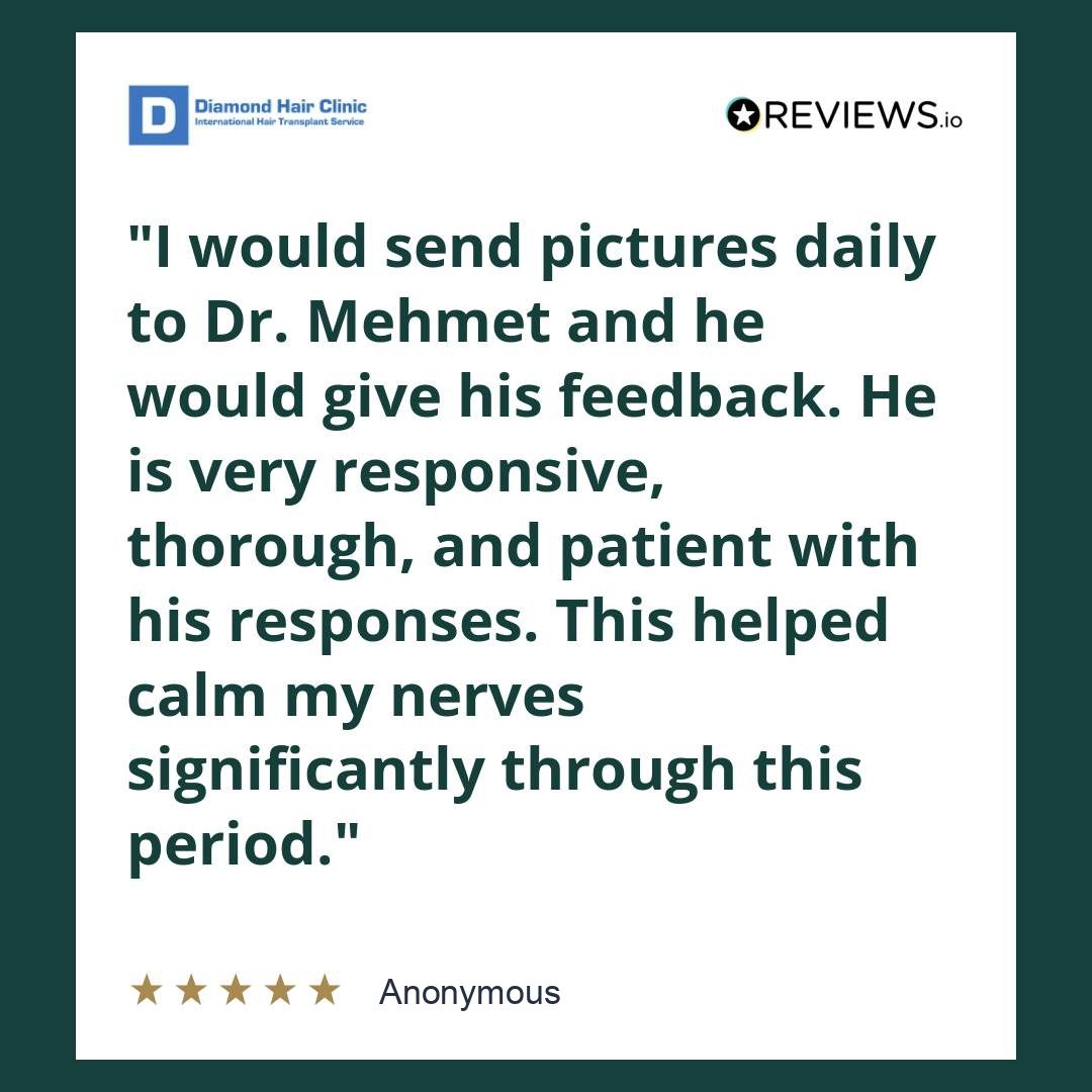 I would send pictures daily to Dr. Mehmet and he would give his feedback. He is very responsive, thorough, and patient with his responses. This helped calm my nerves significantly through this period.