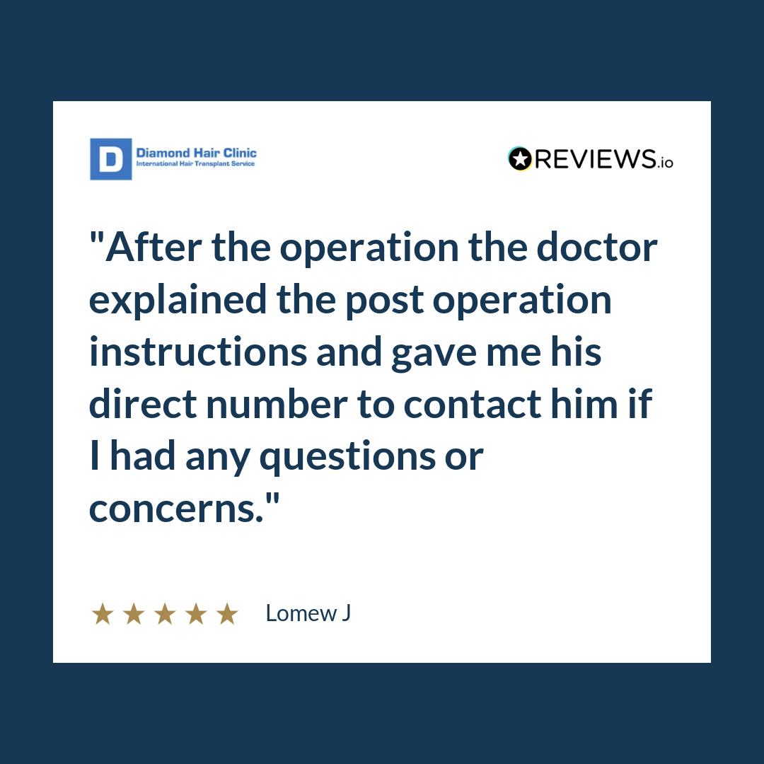 Patient review card about the surgeon's post-operative instructions and direct contact