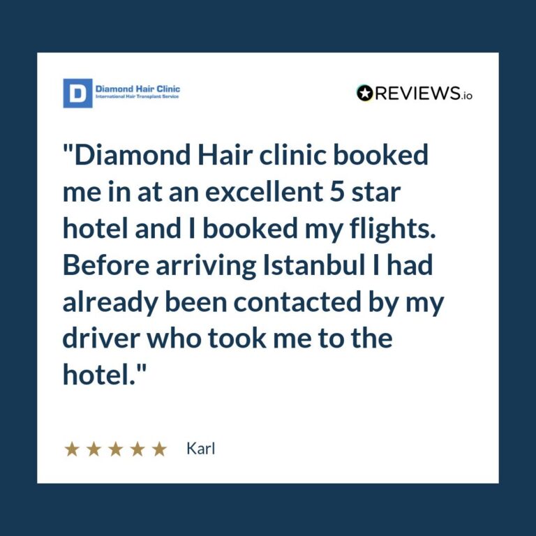 Patient review: Diamond Hair clinic booked me in at an excellent 5 star hotel and I booked my flights. Before arriving Istanbul I had already been contacted by my driver who took me to the hotel.
