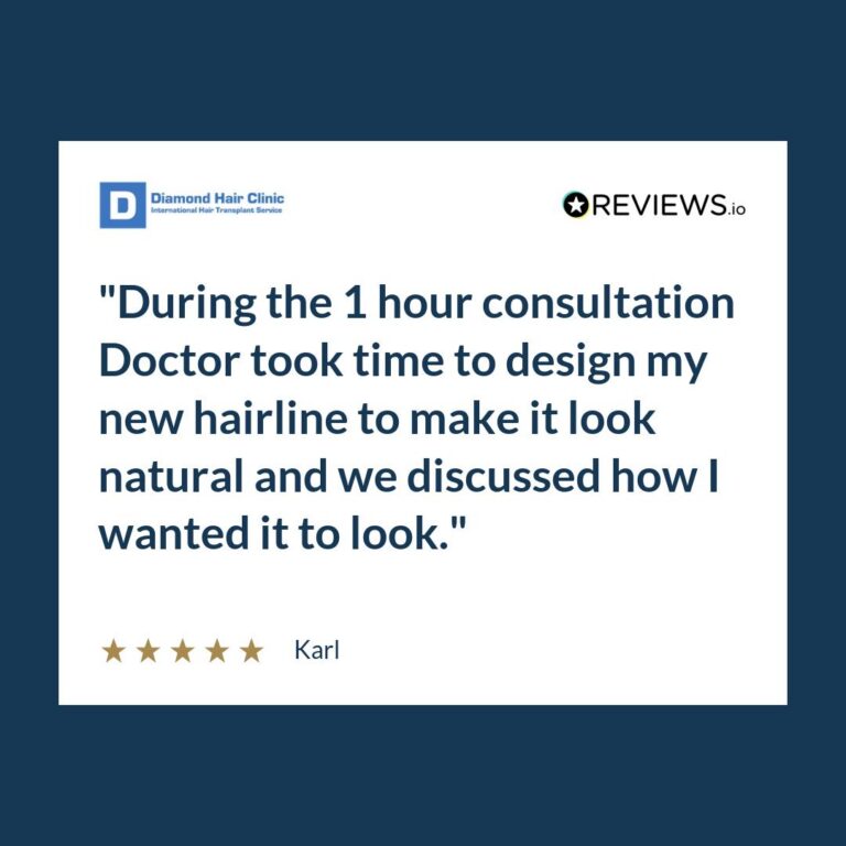 Patient review: During the 1 hour consultation Doctor took time to design my new hairline to make it look natural and we discussed how I wanted it to look.
