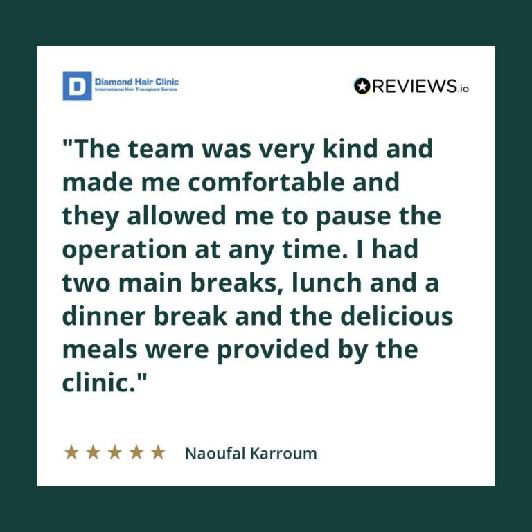 Patient review: The team was very kind and made me comfortable and they allowed me to pause the operation at any time. I had two main breaks, lunch and a dinner break and the delicious meals were provided by the clinic.