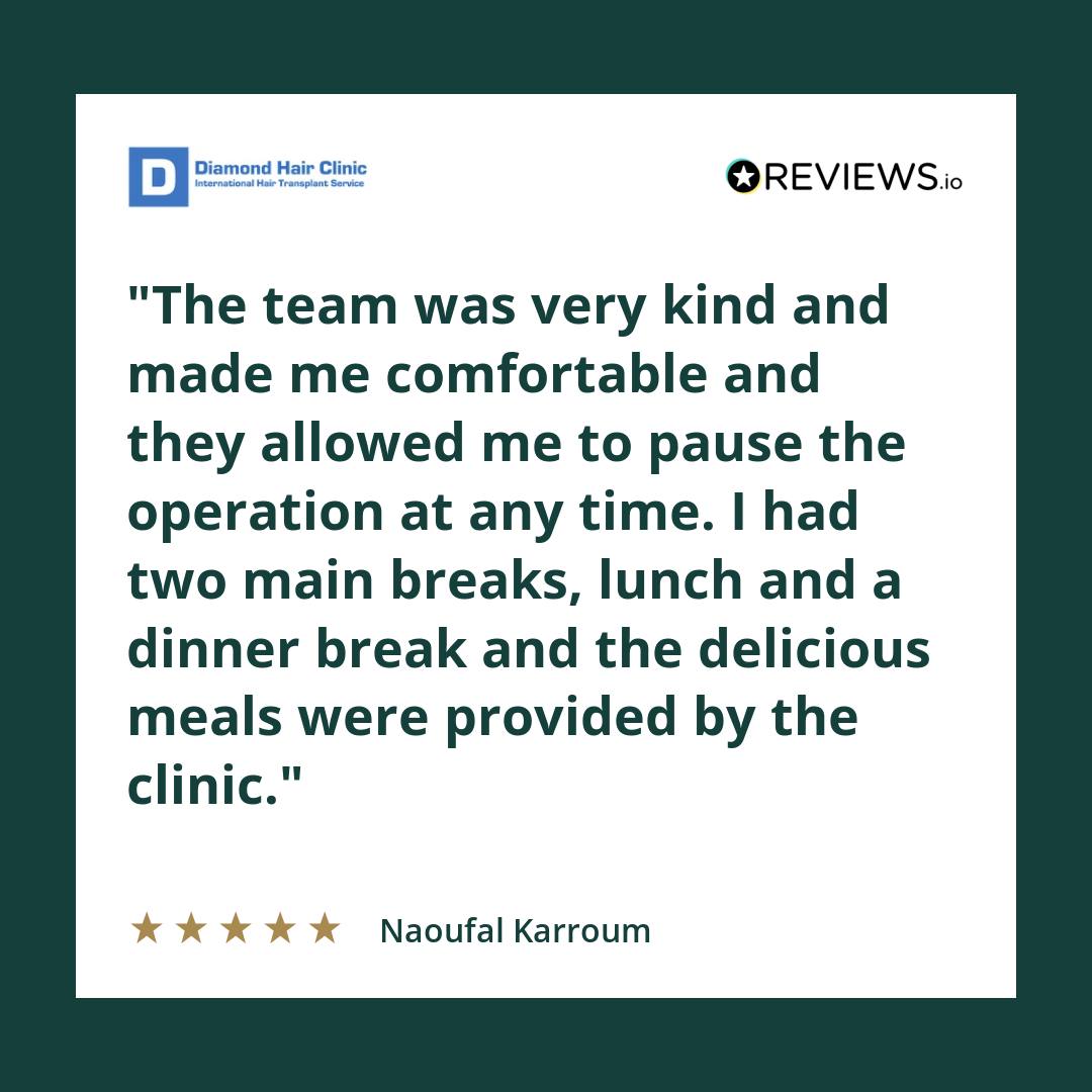 The team was very kind and made me comfortable and they allowed me to pause the operation at any time. I had two main breaks, lunch and a dinner break and the delicious meals were provided by the clinic.