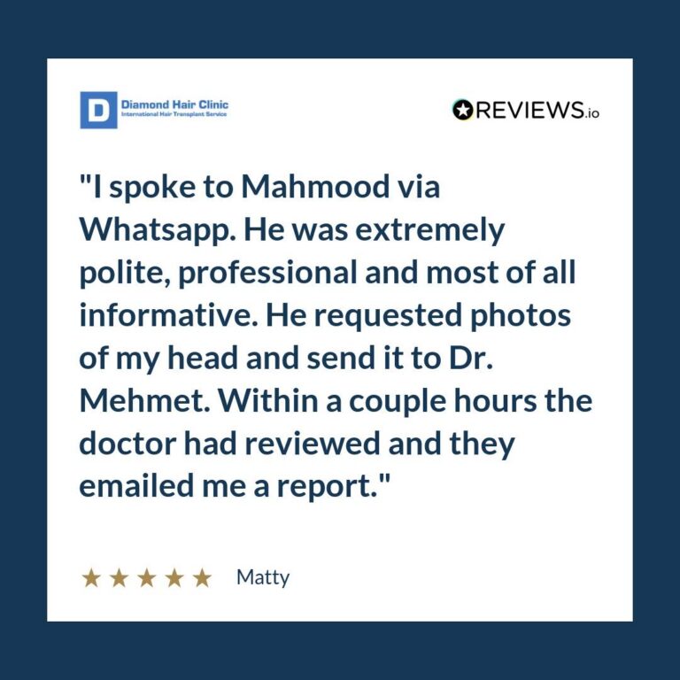 Patient review: I spoke to Mahmood via Whatsapp. He was extremely polite, professional and most of all informative. He requested photos of my head and send it to Dr. Mehmet. Within a couple hours the doctor had reviewed and they emailed me a report.
