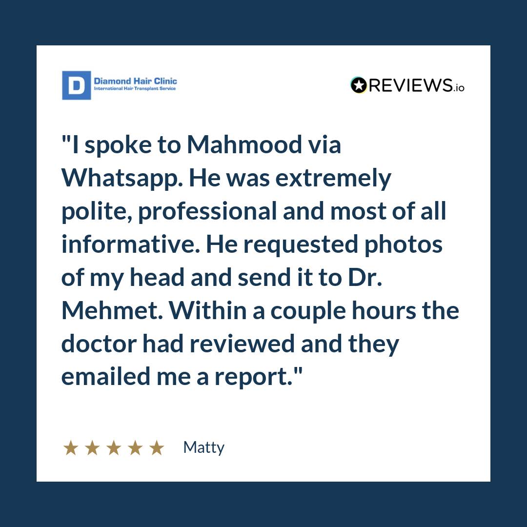 I spoke to Mahmood via Whatsapp. He was extremely polite, professional and most of all informative. He requested photos of my head and send it to Dr. Mehmet. Within a couple hours the doctor had reviewed and they emailed me a report.