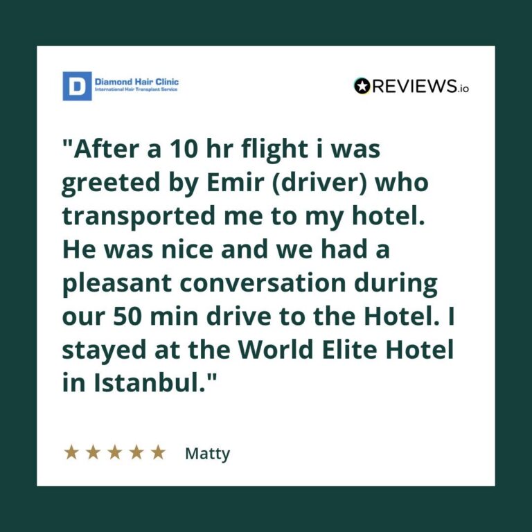 Patient review: After a 10 hr flight i was greeted by Emir (driver) who transported me to my hotel. He was nice and we had a pleasant conversation during our 50 min drive to the Hotel. I stayed at the World Elite Hotel in Istanbul.