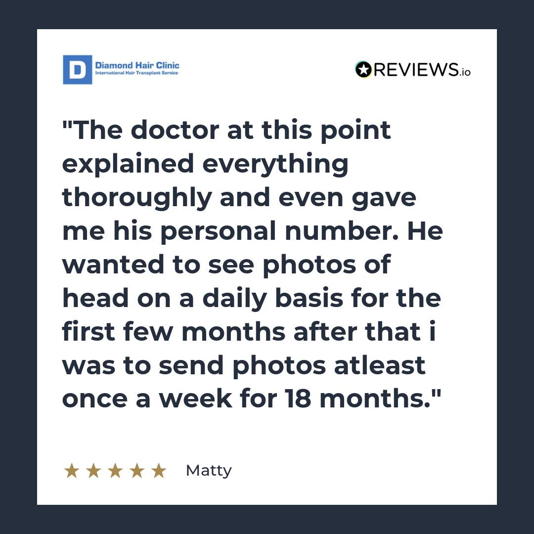 The doctor at this point explained everything thoroughly and even gave me his personal number. He wanted to see photos of head on a daily basis for the first few months after that i was to send photos atleast once a week for 18 months.