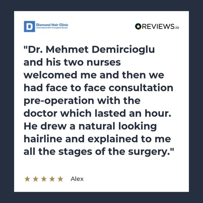 Patient review: Dr. Mehmet Demircioglu and his two nurses welcomed me and then we had face to face consultation pre-operation with the doctor which lasted an hour. He drew a natural looking hairline and explained to me all the stages of the surgery.