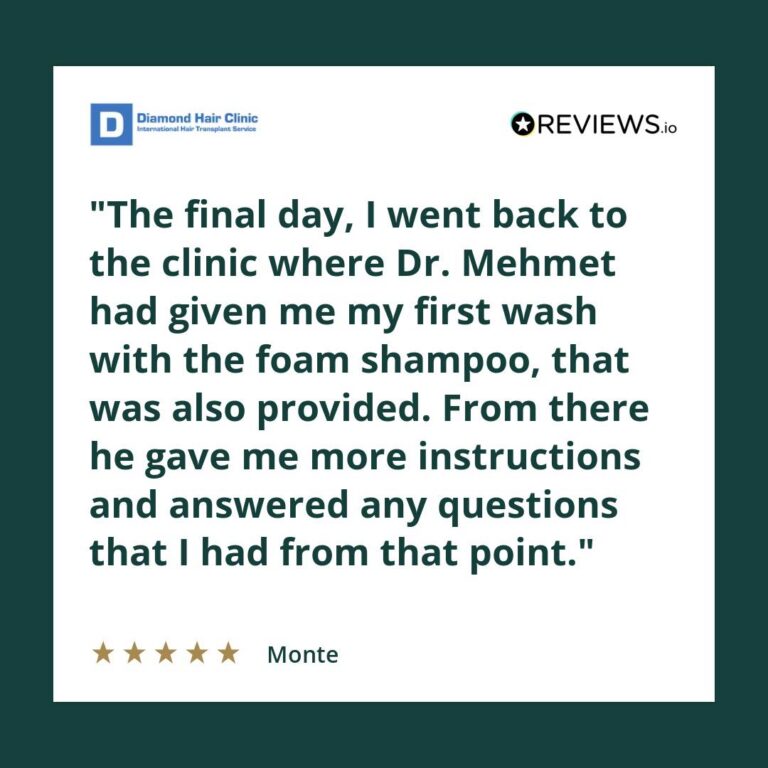 Patient review: The final day, I went back to the clinic where Dr. Mehmet had given me my first wash with the foam shampoo, that was also provided. From there he gave me more instructions and answered any questions that I had from that point.