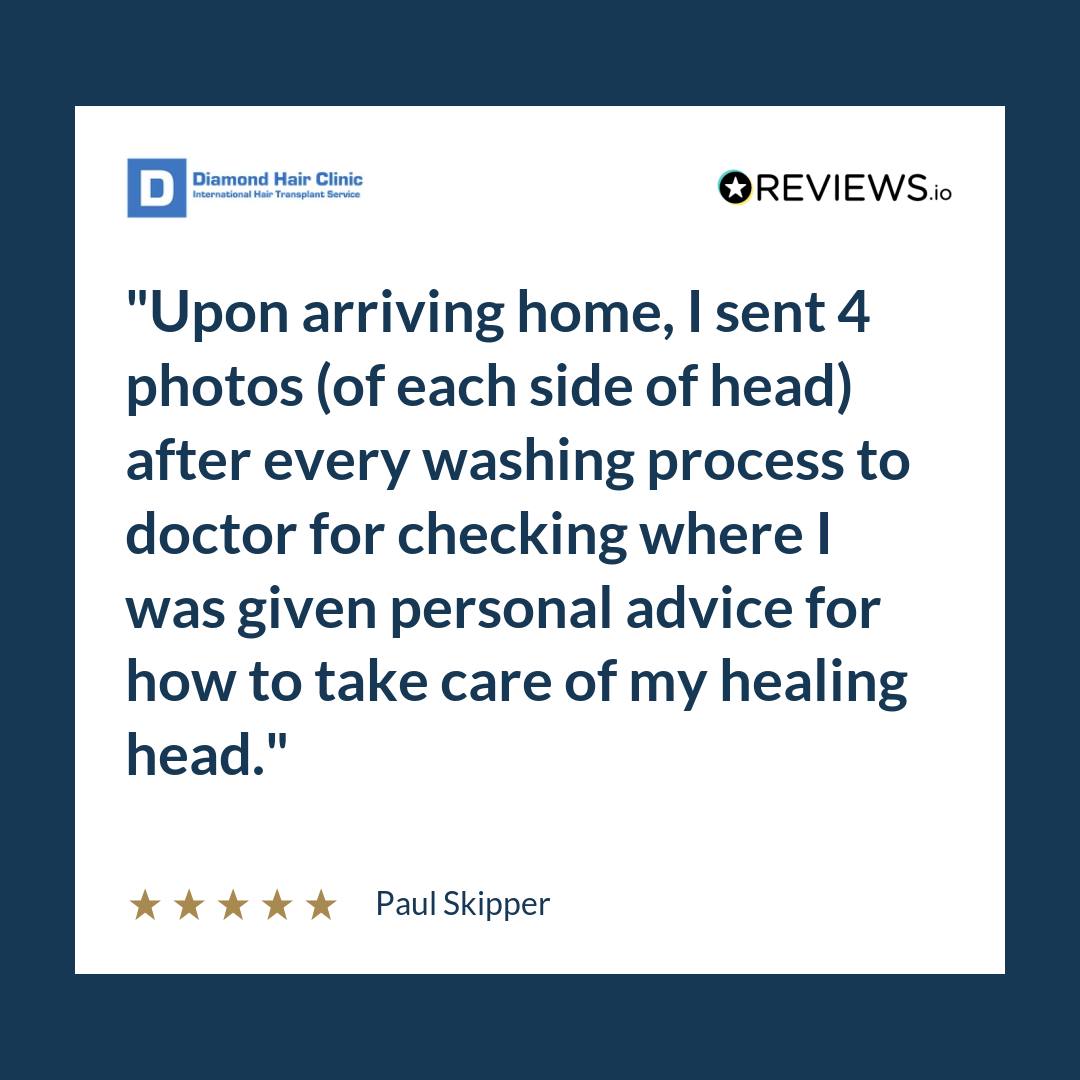 Upon arriving home, I sent 4 photos (of each side of head) after every washing process to doctor for checking where I was given personal advice for how to take care of my healing head.