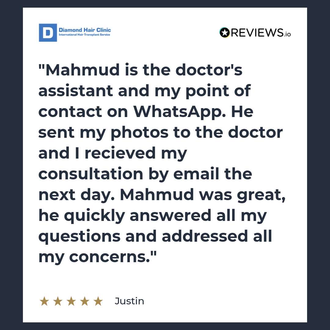 Mahmud is the doctor's assistant and my point of contact on WhatsApp. He sent my photos to the doctor and I recieved my consultation by email the next day. Mahmud was great, he quickly answered all my questions and addressed all my concerns.
