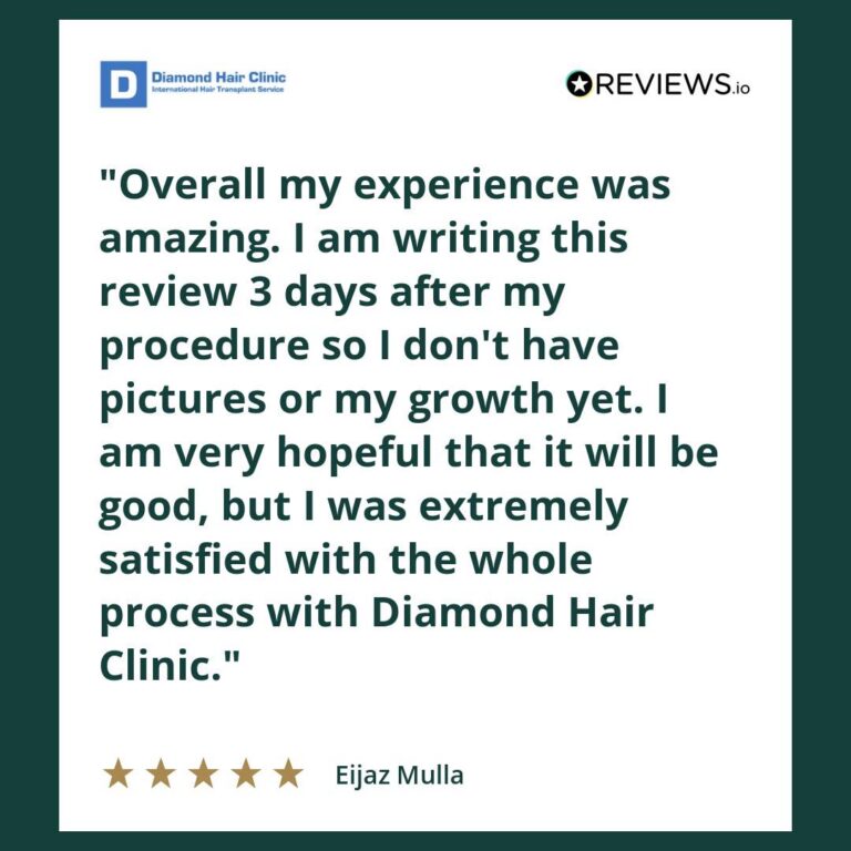 Patient review: Overall my experience was amazing. I am writing this review 3 days after my procedure so I don't have pictures or my growth yet. I am very hopeful that it will be good, but I was extremely satisfied with the whole process with Diamond Hair Clinic.