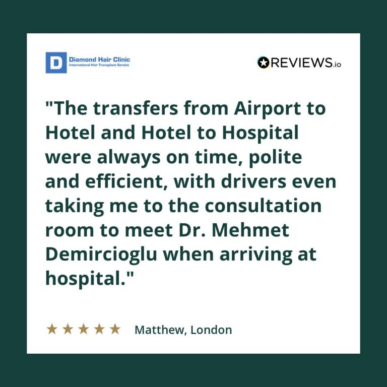 Patient review: The transfers from Airport to Hotel and Hotel to Hospital were always on time, polite and efficient, with drivers even taking me to the consultation room to meet Dr. Mehmet Demircioglu when arriving at hospital.