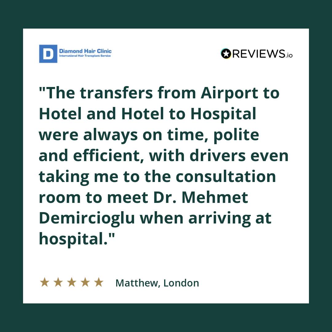 The transfers from Airport to Hotel and Hotel to Hospital were always on time, polite and efficient, with drivers even taking me to the consultation room to meet Dr. Mehmet Demircioglu when arriving at hospital.