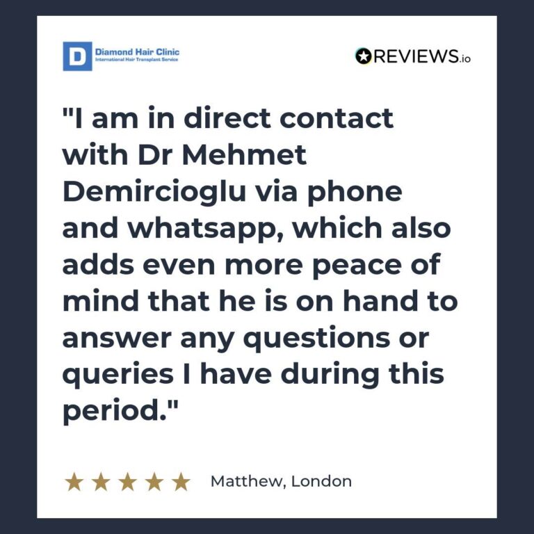 Patient review: I am in direct contact with Dr Mehmet Demircioglu via phone and whatsapp, which also adds even more peace of mind that he is on hand to answer any questions or queries I have during this period.