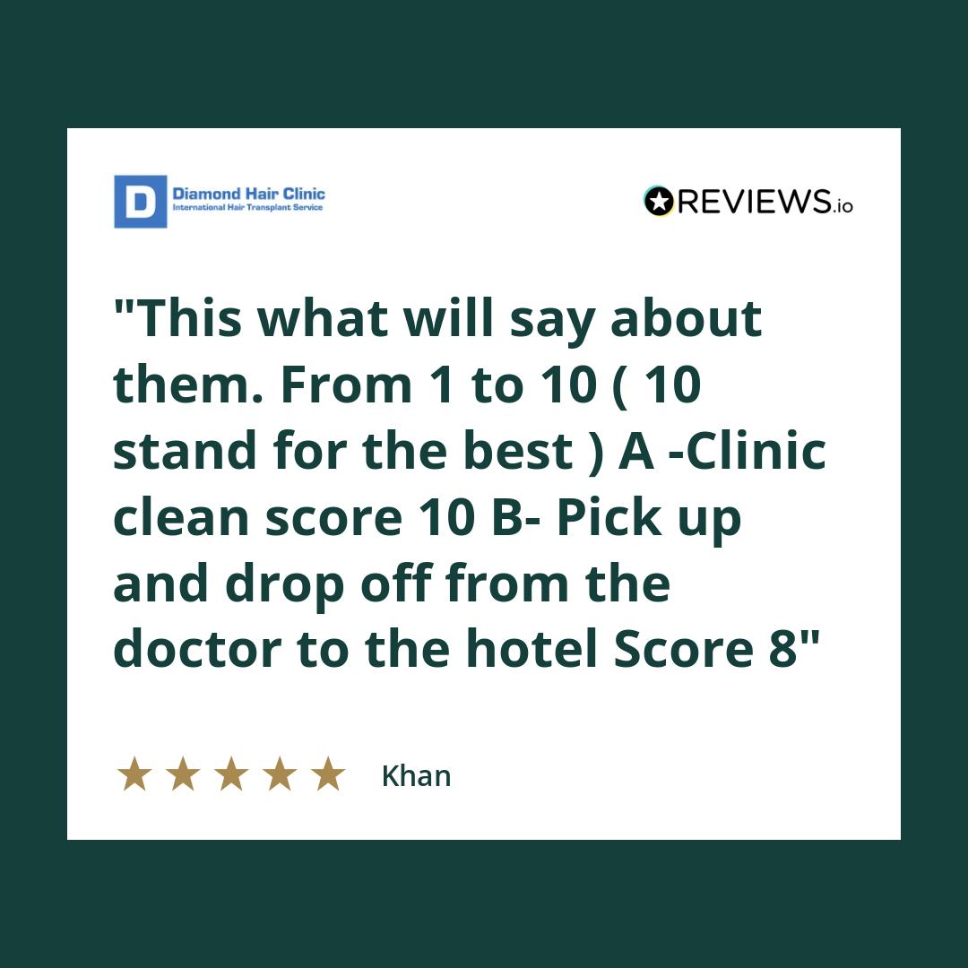 This what will say about them. From 1 to 10 ( 10 stand for the best )
A -Clinic clean score 10
B- Pick up and drop off from the doctor to the hotel Score 8