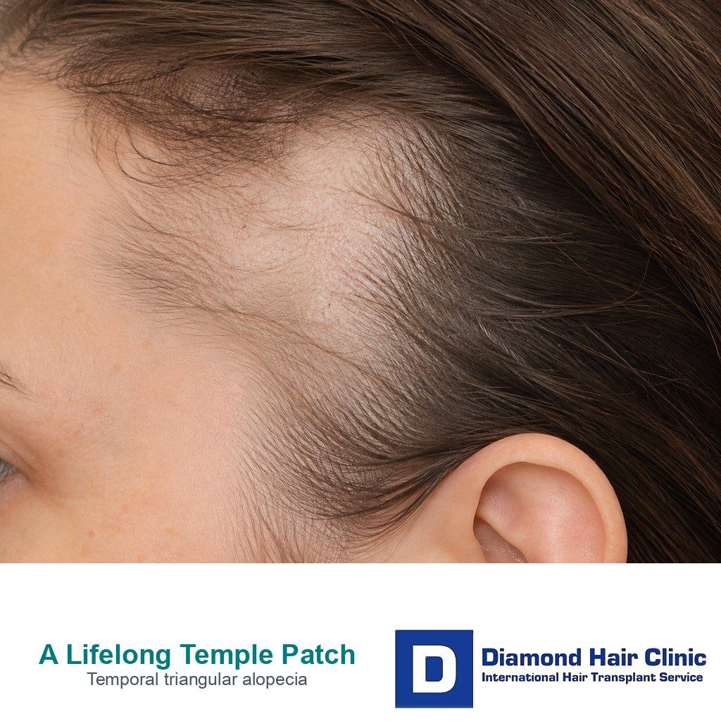 Illustrative close-up of fine hairs within a localized temple patch.