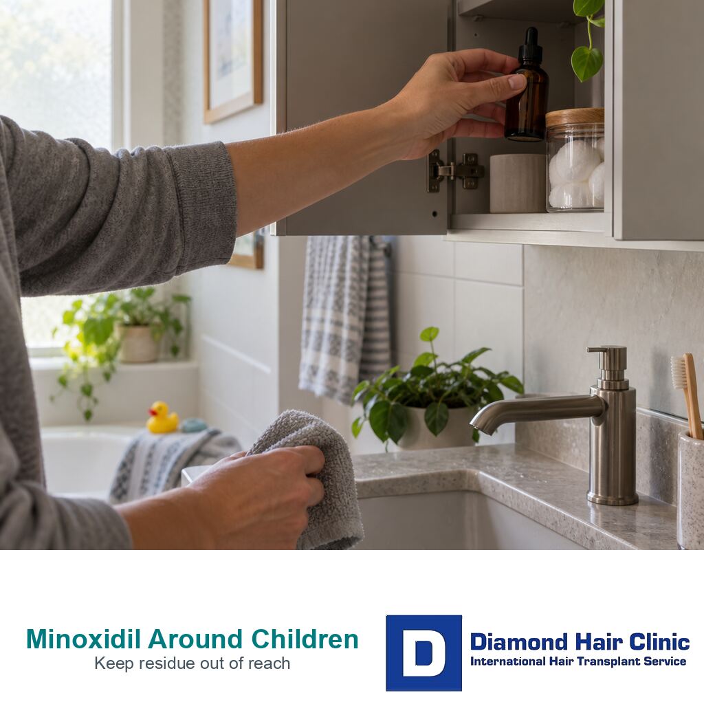 Adult hand securing a topical minoxidil bottle in a high bathroom cabinet away from child items