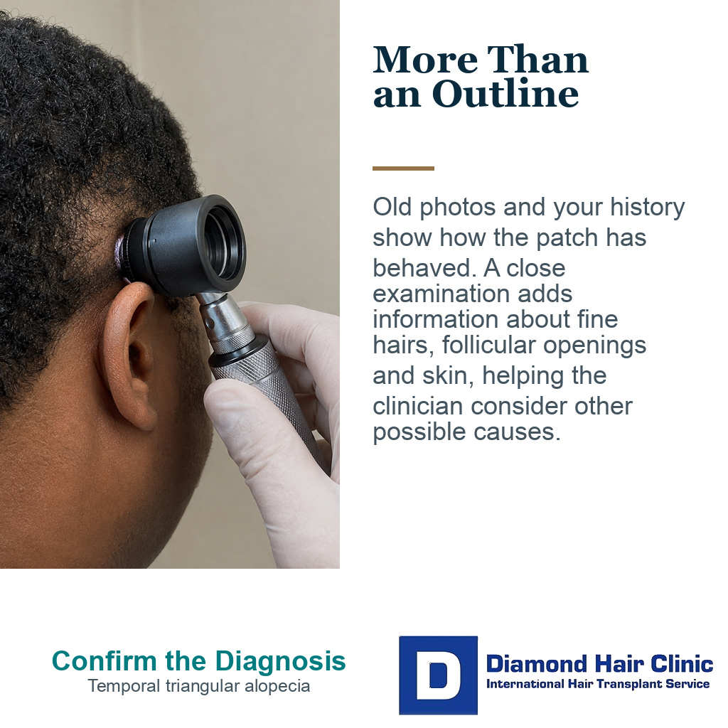 Illustrative temple examination beside an explanation of history and close scalp assessment.