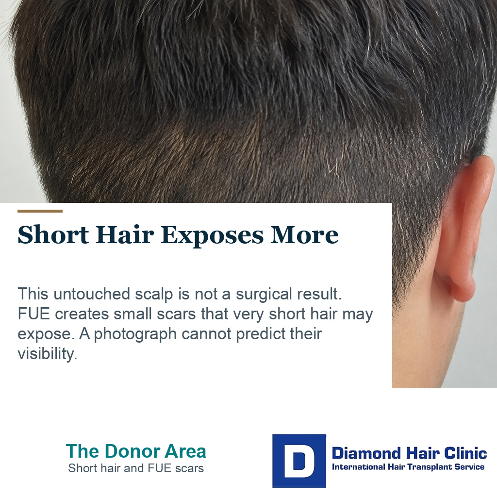 Illustrative short donor haircut above an explanation that FUE leaves scars whose visibility varies.