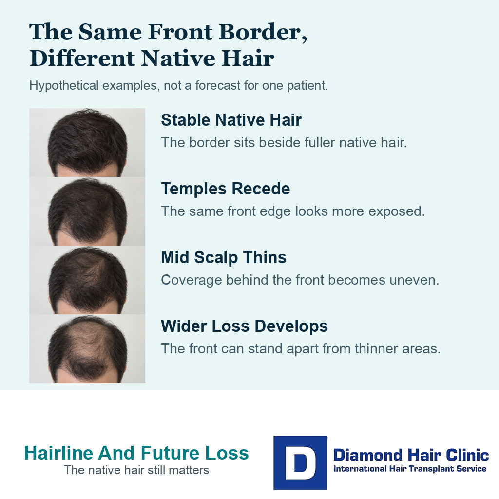 Four hypothetical scalp examples compare one front border beside stable native hair, receding temples, mid scalp thinning, and wider native hair loss.