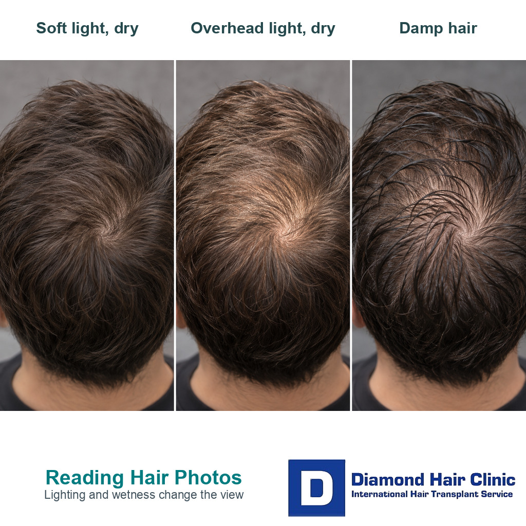 Illustrative crown views under soft light, overhead light and with damp hair
